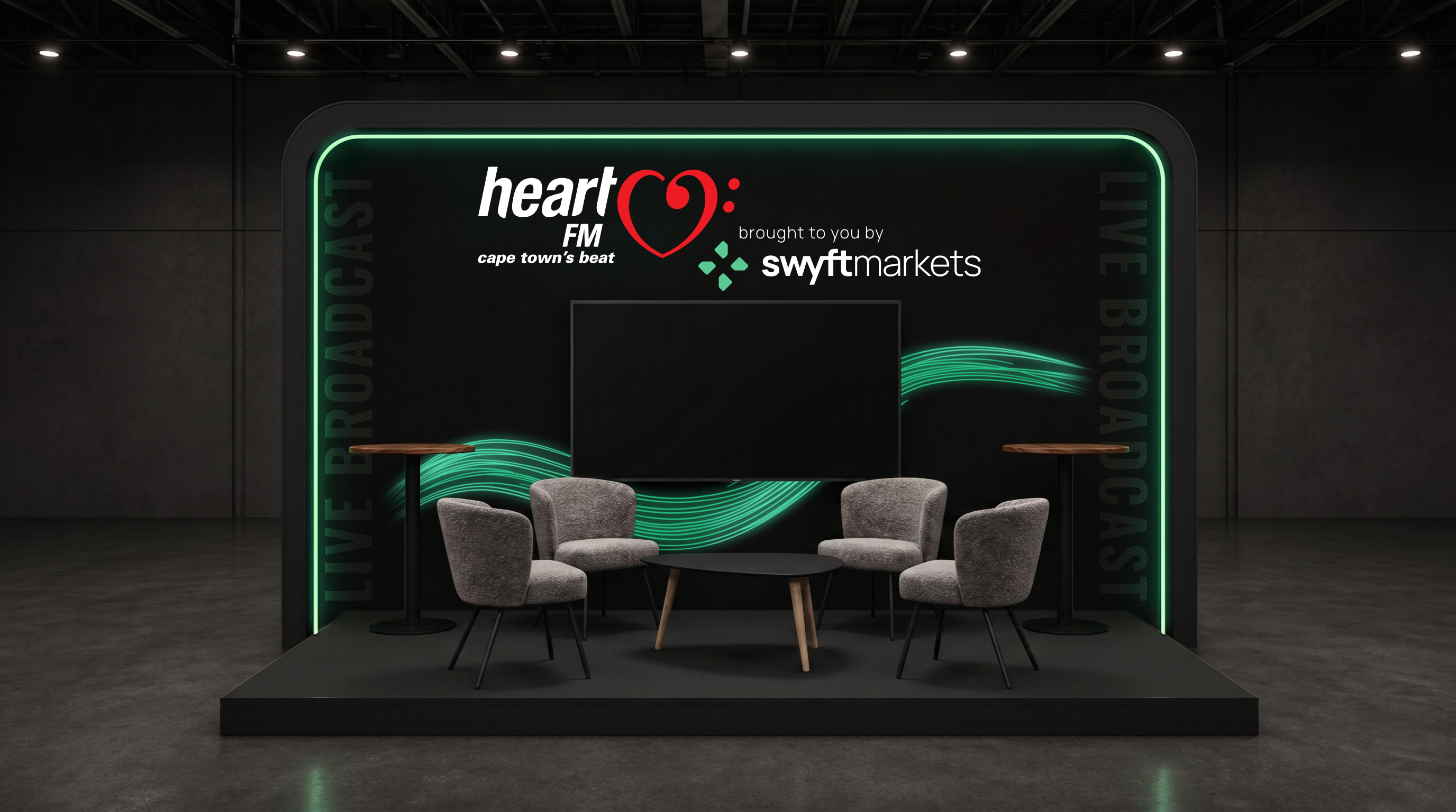 Heart 104.9 FM live broadcast booth at FMAS:26 in partnership with Swyft Markets